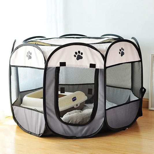 Pet playpen with mesh sides indoors a home